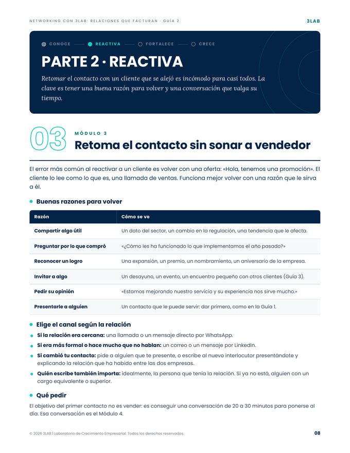 Página de la guía: Parte 2, módulo 3: Retoma el contacto sin sonar a vendedor