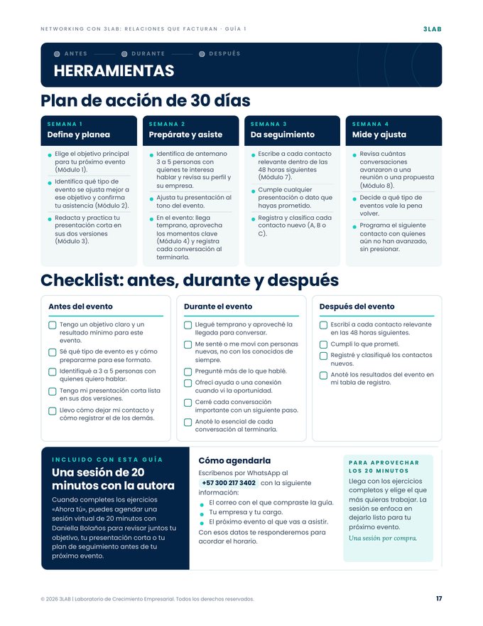 Página de la guía: Herramientas: plan de acción de 30 días y checklist