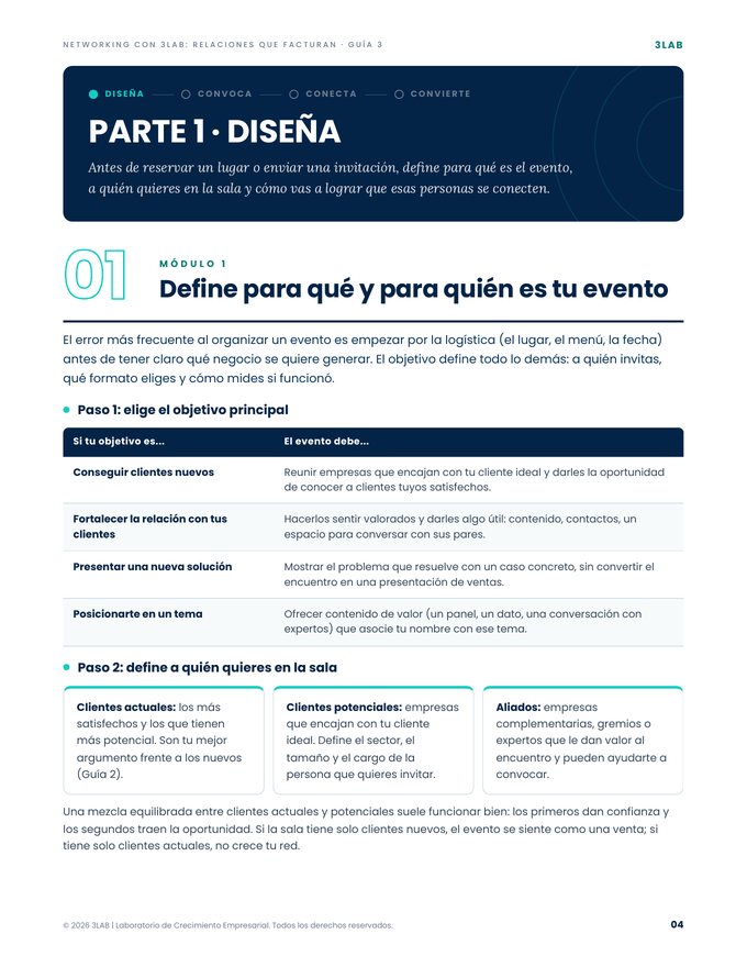 Página de la guía: Parte 1, módulo 1: Define para qué y para quién es tu evento